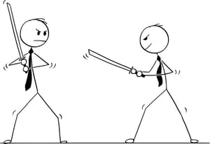 Conceptual Cartoon of Two Businessmen Arguing and Ready to Fight with Swords Conceptual Cartoon of Two Businessmen Arguing and Ready to Fight with Swords