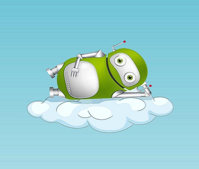 green robot lying on a cloud