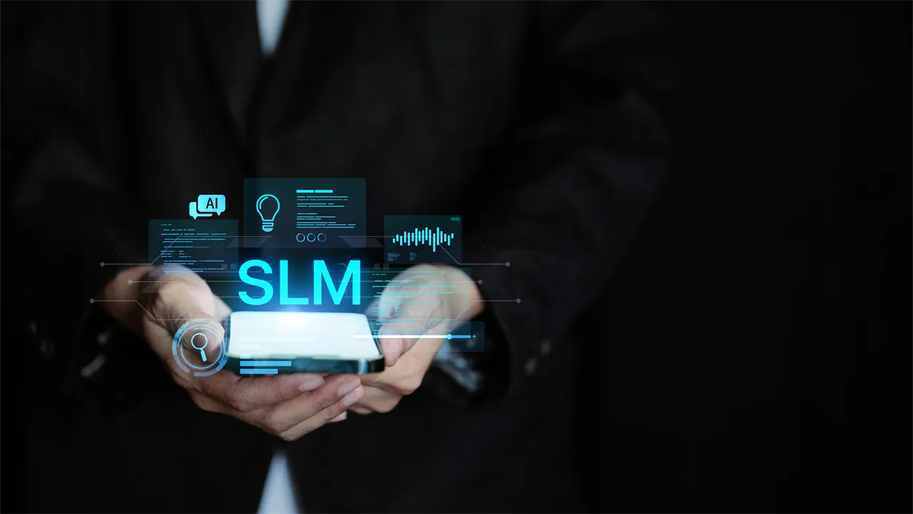 An IT executive holds a phone with an illustration overlaid that reads 'SLM' and includes screen images An IT executive holds a phone with an illustration overlaid that reads 'SLM' and includes screen images