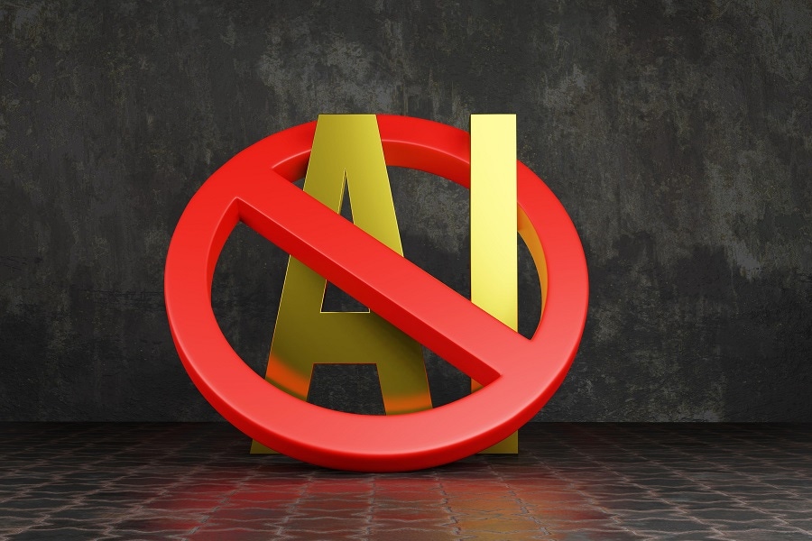 Red circle and crossbar surround the word 'AI' written in gold lettering, representing ban on artificial intelligence Red circle and crossbar surround the word 'AI' written in gold lettering, representing ban on artificial intelligence
