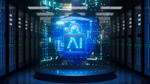 An illustration of a symbol with the letters 'AI' secured in a data center An illustration of a symbol with the letters 'AI' secured in a data center