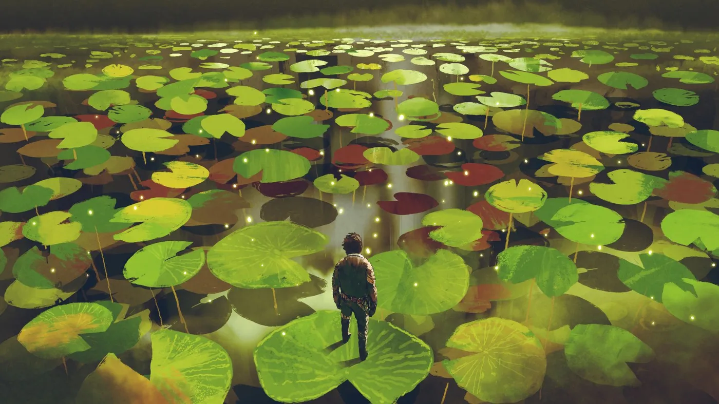 Young man on giant lily pad leaf in fantasy swamp Young man on giant lily pad leaf in fantasy swamp