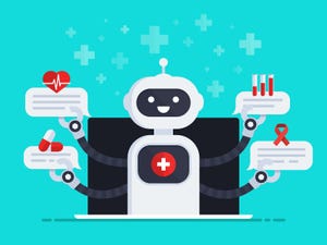 ChatBot out of screen monitor holds speech bubbles with medical icons. Vector illustration