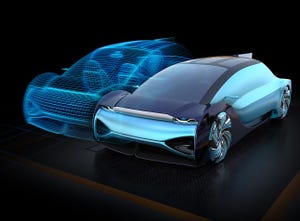 Autonomous electric car and wireframe rendering of the car body on black background. Digital Twin concept