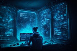 Cyber security operator or hacker works with data in dark room, generative AI. Futuristic computer monitors.