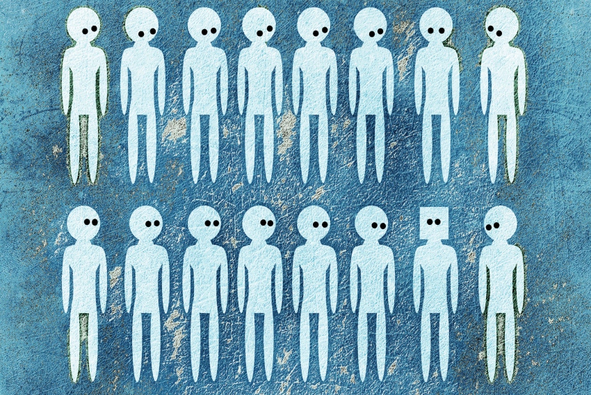 rows of identical humanoid figures with round heads stare at the one humanoid figure who has a square head