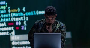Hacker in military uniform on dark web, cyberwar concept.