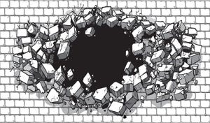 art illustration of a hole in a brick or cinder block wall breaking or exploding out into rubble or debris.