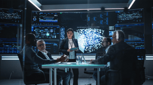 Group of developers discussing possible development of a new advanced neural network. Group of developers discussing possible development of a new advanced neural network.