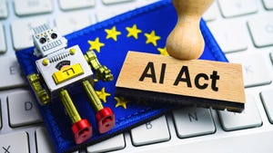 Robot on keyboard with EU flag and AI Act stamp