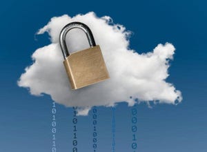 padlock with cloud background. Assembly language streaming down from cloud in vertical lines.