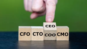 Cubes form the abbreviations 'CFO, CTO, COO, CMO and CEO' as symbol for hierarchy of the leadership in a company 