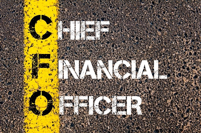 CFO – Chief financial officer. Yellow paint line on the road against asphalt background.