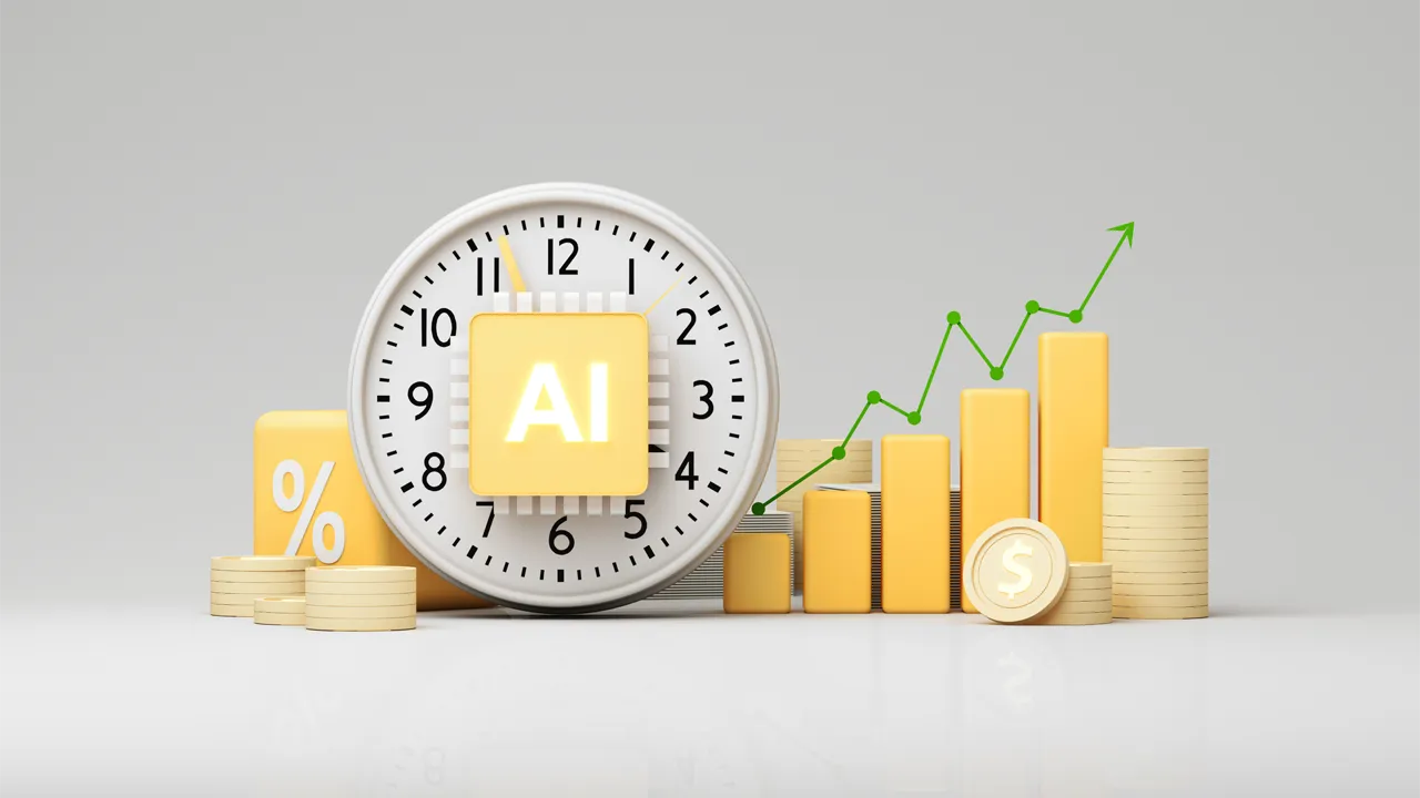A yellow 'AI' block on a clock, surrounded by blocks and money A yellow 'AI' block on a clock, surrounded by blocks and money