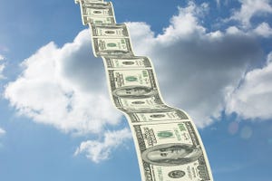 money bills leading up to clouds in sky
