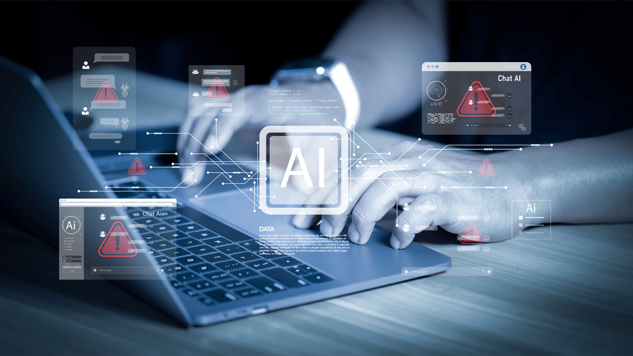 A business person uses a laptop with AI error warning signs on a virtual screen A business person uses a laptop with AI error warning signs on a virtual screen