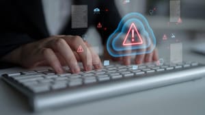 Cloud computing with alert icons and security elements, representing real-time threat detection, risk prevention and digital infrastructure. Cloud computing with alert icons and security elements, representing real-time threat detection, risk prevention and digital infrastructure.