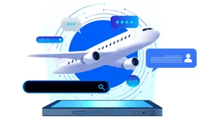An illustration isolated on a transparent background depicting advanced search automation and 24/7 digital support for businesses and travelers An illustration isolated on a transparent background depicting advanced search automation and 24/7 digital support for businesses and travelers
