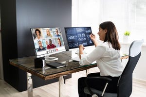 women working remotely on a video conference with team members