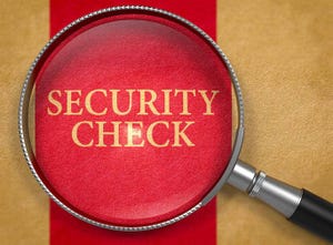 words "security check" in gold letters over red background under a magnifying glass