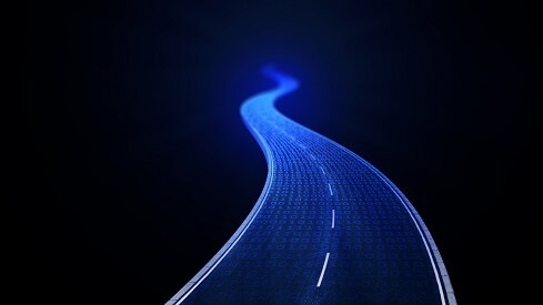 blue, winding digitized road