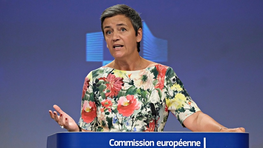 EU Commissioner for Competition Margrethe Vestager gives a press briefing on an antitrust decision on Qualcomm in this file photo from 2019.