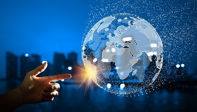 hand pointing to a global world network hand pointing to a global world network