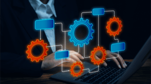 Businesswoman typing on laptop with digital gear system, process automation, workflow efficiency icons overlaid Businesswoman typing on laptop with digital gear system, process automation, workflow efficiency icons overlaid