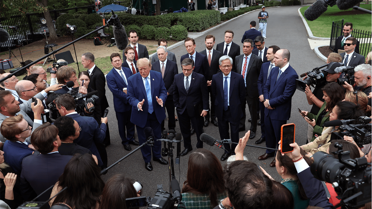 President Trump, Zuckerberg, Musk, Huang, Speaker Johnson and others hold a press conference following a meeting on AI. President Trump, Zuckerberg, Musk, Huang, Speaker Johnson and others hold a press conference following a meeting on AI.