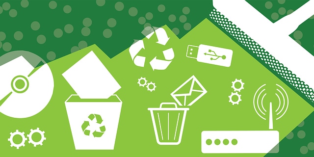 Recycle, email, trash, and usb emojis in green symbolizing spring cleaning.