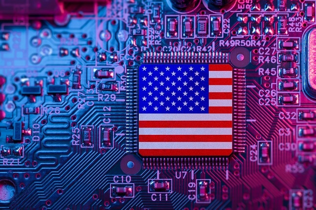 Microchip on Motherboard with America world largest chip manufacturer and supply chain concept.