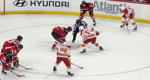 NHL's Calgary Flames at New Jersey Devils on February 8, 2024 in Newark, NJ