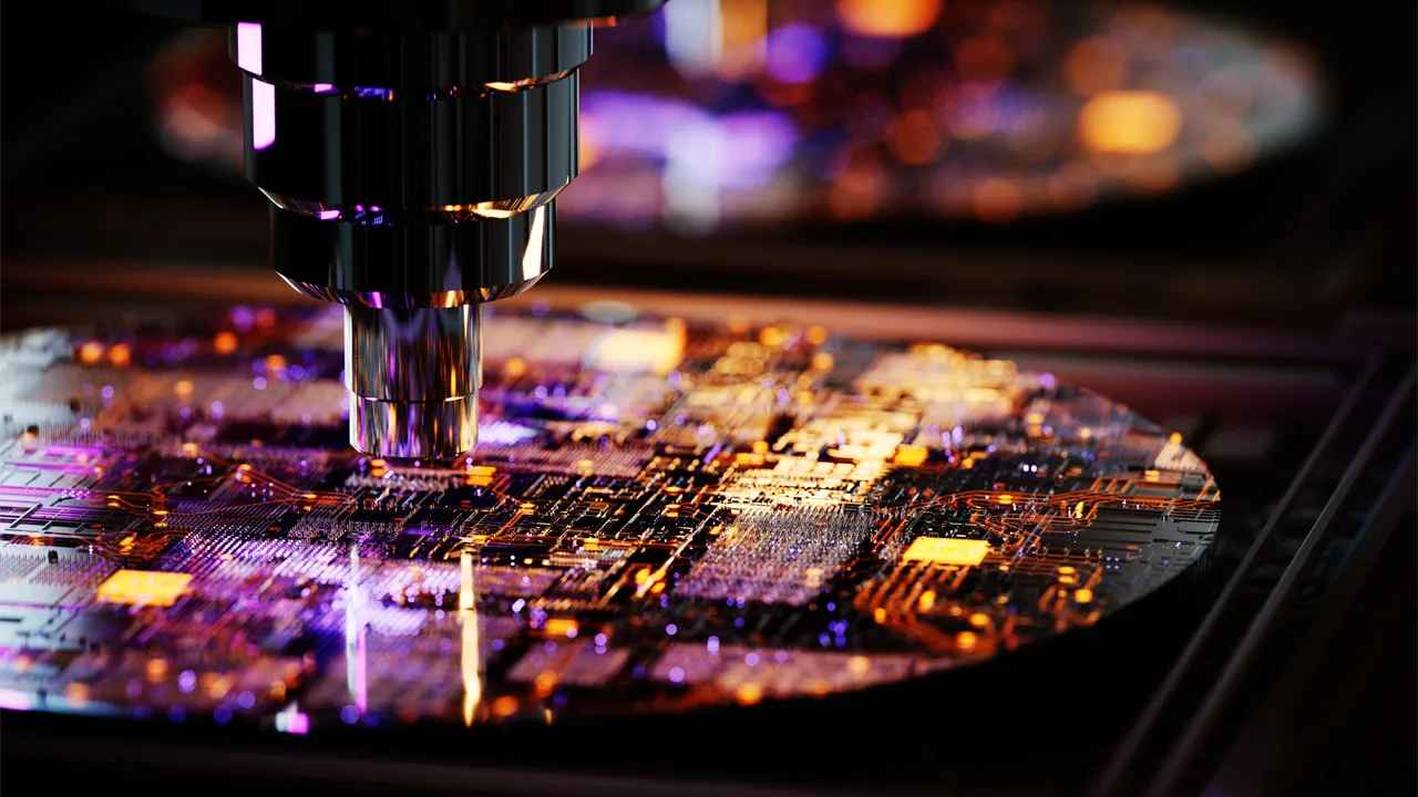A metallic automated tool operates over a circular silicon wafer A metallic automated tool operates over a circular silicon wafer