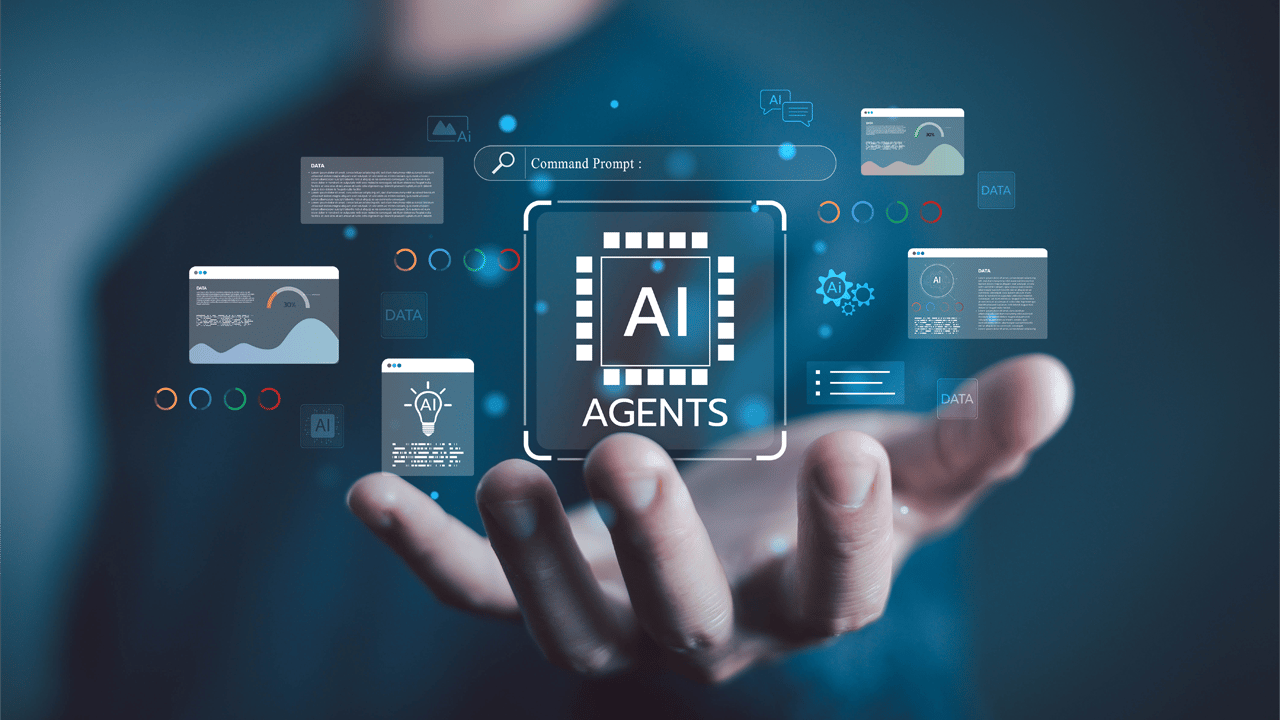 An IT executive reaches his hand out, with illustrations of AI agents overlaid above his palm An IT executive reaches his hand out, with illustrations of AI agents overlaid above his palm