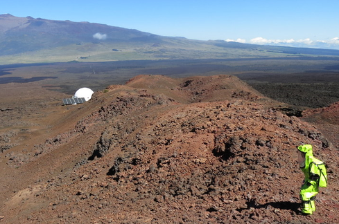 EVA with the dome habitat in the background.(Image: Zak Wilson's Almost Mars blog)