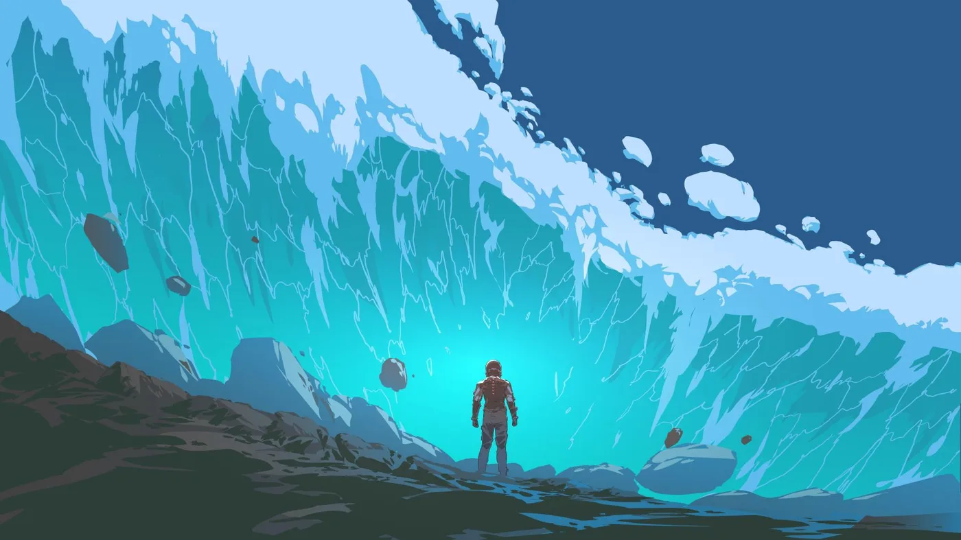 futuristic man standing in the midst of a huge wave that is rushing towards him futuristic man standing in the midst of a huge wave that is rushing towards him