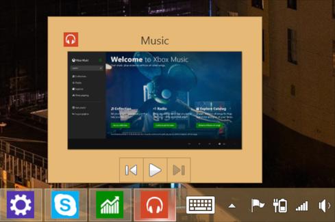 Open Windows Store apps are viewable on the taskbar as thumbnails, some of which, such as the Xbox Music App, include basic controls. 