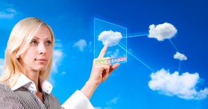 Graphic illustration of a businesswoman using the cloud.