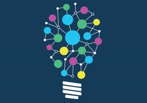 Vector illustration of light bulb with network of different objects or ideas. Concept of ideation or creativity.