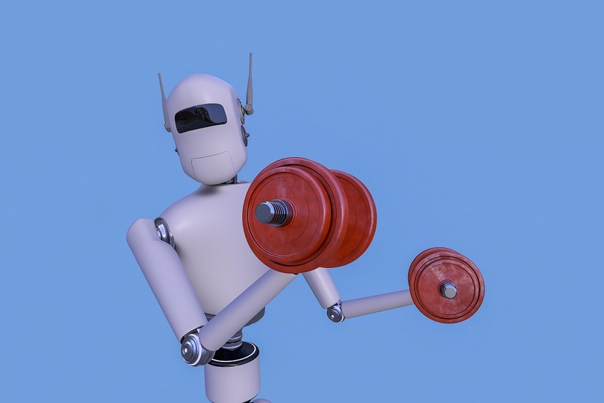 robot exercising with red dumbbells 