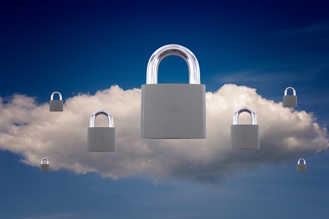White cloud and seven closed padlocks for technology and computing based security concepts and ideas. 