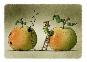 cartoon: worm that lives inside an apple is angry because another neighboring worm won't let him sleep.