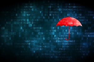 red umbrella floats above dark blue binary code, representing cybersecurity insurance
