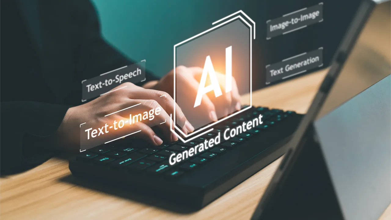 An executive sits at a keyboard, with an overlaid digital illustration of AI and generated content labels An executive sits at a keyboard, with an overlaid digital illustration of AI and generated content labels