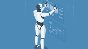 Graphic of a robot looking at charts and metrics. Graphic of a robot looking at charts and metrics.