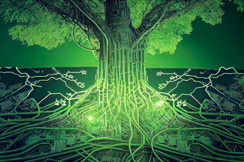 green tree with green roots