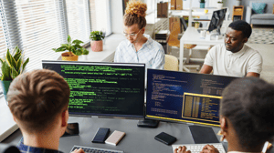 Group of software developers sitting at desk with computer monitors and working with code Group of software developers sitting at desk with computer monitors and working with code