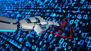 A robot hand presses a screen with a security alert on it. A robot hand presses a screen with a security alert on it.