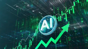 A digital AI icon with an up arrow indicating stocks A digital AI icon with an up arrow indicating stocks