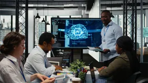 An executives gives a presentation on AI to three co-workers. An executives gives a presentation on AI to three co-workers.